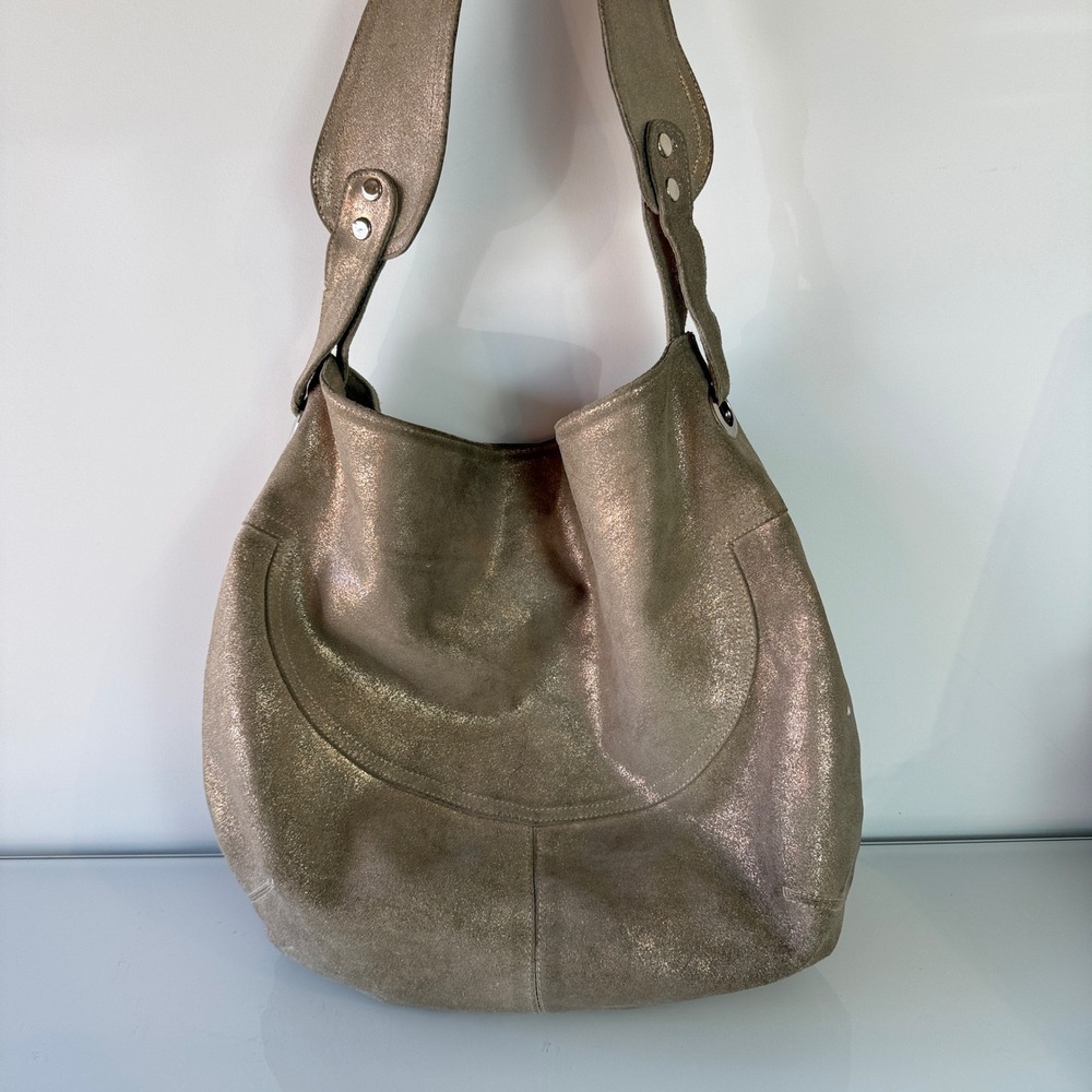 Cofi Gold Brushed Hobo Shoulder Bag Womens Metallic Genuine Leather Slouchy - Picture 13 of 16